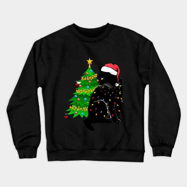 Black Cat christmas light tshirt funny cat lover christmas Crewneck Sweatshirt by Ghani Store